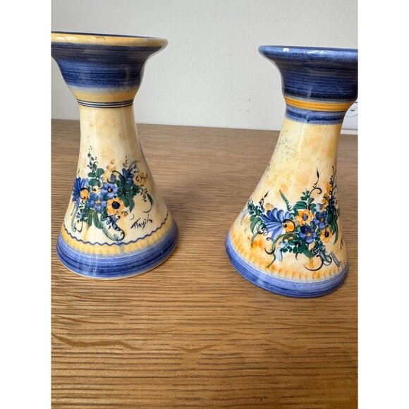 Pair of Hand-Painted Ceramic Candlestick Holders – Blue & Yellow Floral – Signed - Picture 1 of 14